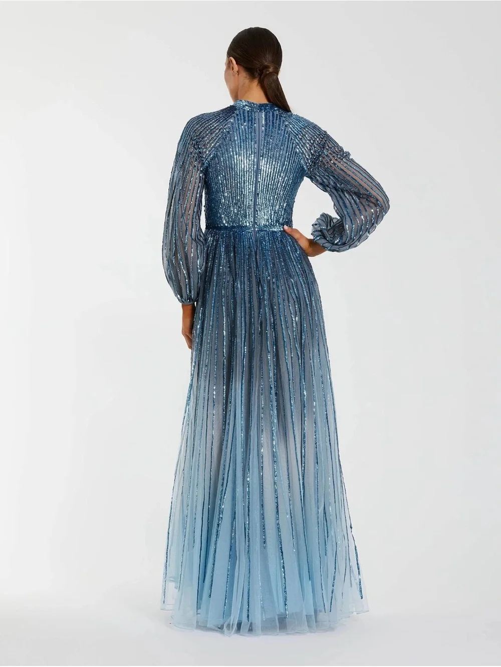 Mac Duggal 6206 Blue Ombré Sequin Long Sleeve A-Line Evening Dress Size 12 NWT - Picture 3 of 15